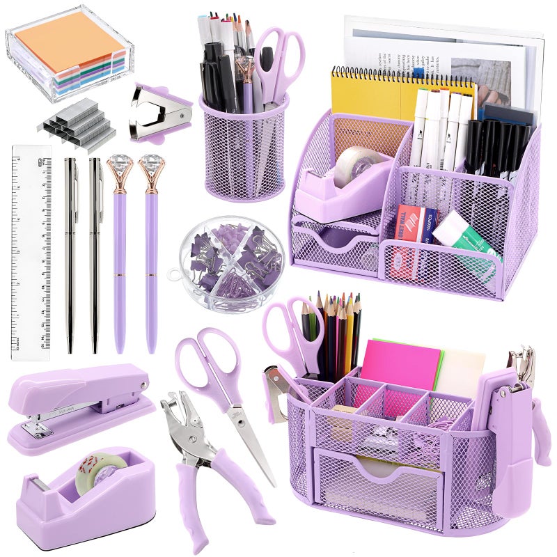 Froidesente 17 in 1 Purple Desk Organizers and Accessories Set  3 Office Desk Supplies Storage Organization  4 Pens  Stapler  Staples & Remover  Tape & Dispenser  Scissors  Ruler  Clips  Hole Punch  Sticky Holder - Image 1